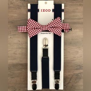 IZOD Red and White Checkered Bow Tie and Navy Suspender Set